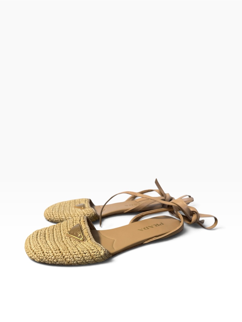 Prada Triangle Logo Natural Raffia Straw Woven Wrap Up Sandals Tan EU 40 - Picture 4 of 10
